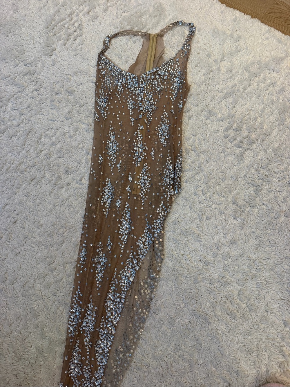 Embellished Nude Mesh Evening Dress with Crystal Accents